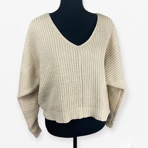 Essentials by Full Tilt Women's Beige V-Neck Cable Knit Crop Baggy Sweater Top S